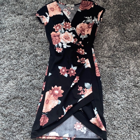 WORN ONCE! Black Mini Dress with Floral Print - Women's Size Small - Picture 1 of 6